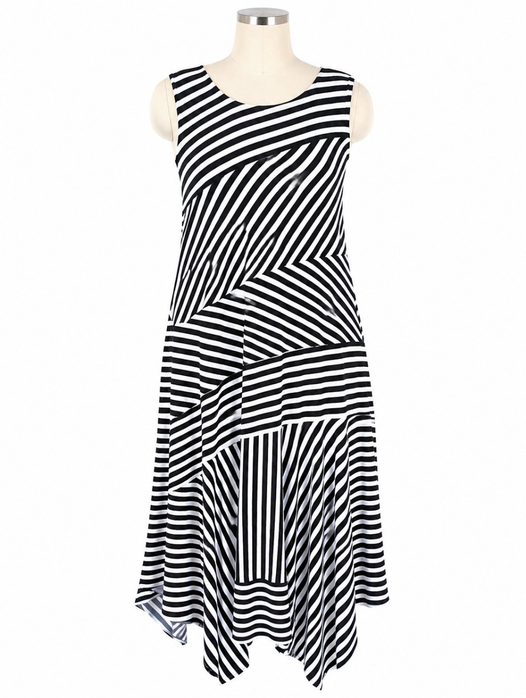 Calvin Klein Black & White Stripe Sleevelessidi Dress Sz 1x Handkerchief Hem